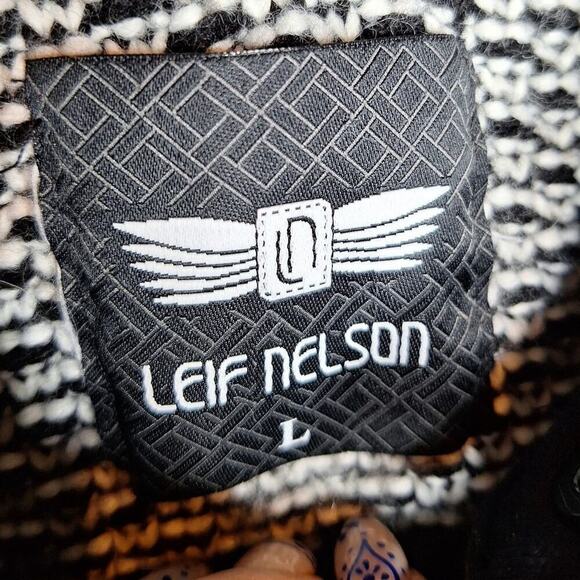 Leif Nelson Mens Sweater Jacket Large Removable Hood Full Zip Black White Collar - Picture 3 of 12